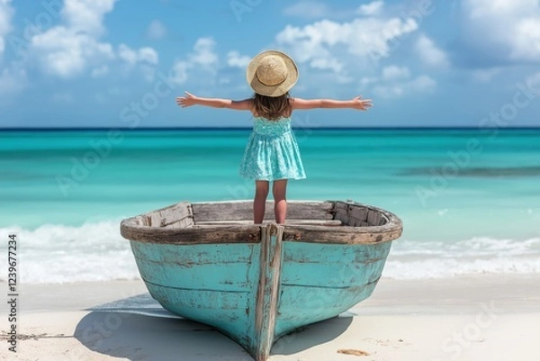 Fototapeta A cheerful child stands on the bow of a weathered boat, arms outstretched towards the serene blue sea, embodying the essence of carefree summer days at the beach