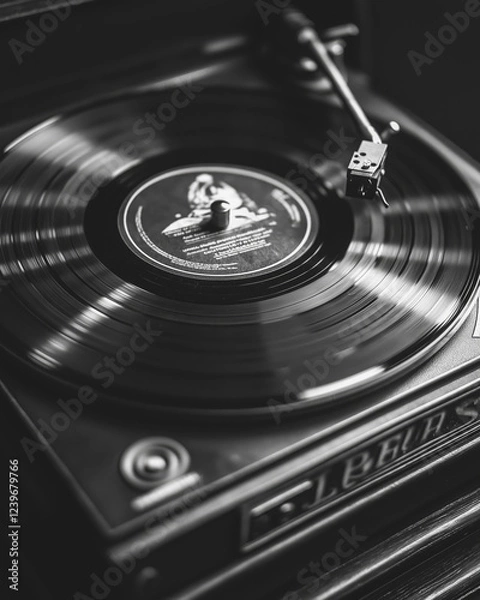 Fototapeta Close-Up of a Vinyl Record Spinning on a Classic Turntable, Showcasing the Essence of Analog Sound and the Timeless Appeal of Retro Music Playback