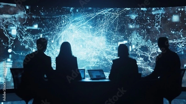 Fototapeta Business Team Analyzing Digital Data on Large Screen at Night Meeting