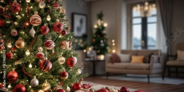 Fototapeta Christmas tree decorated with ornaments and lights,  snowy scene,  evergreen branches,  holiday trees