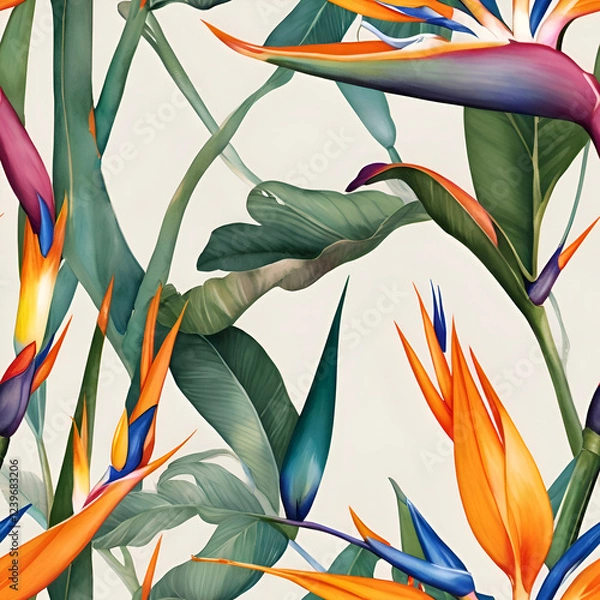 Fototapeta A seamless watercolor pattern of bird of paradise flowers in full bloom, perfect for textiles and decor. 