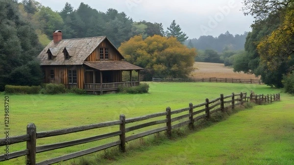 Fototapeta A small house with a porch sits in a grassy field