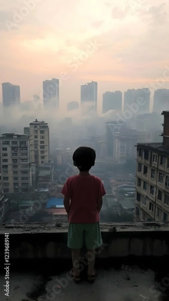 Fototapeta A child stands on a rooftop and observes a foggy cityscape during a misty sunrise.