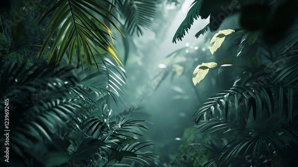 Fototapeta Misty jungle canopy with luminous foliage and a magical ambiance