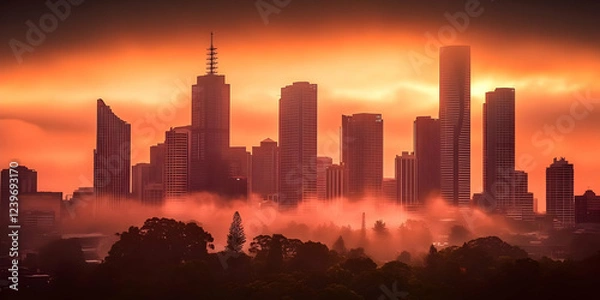 Fototapeta Cityscape silhouettes pierce through a mystical orange fog at sunrise with a dramatic sky in the background.