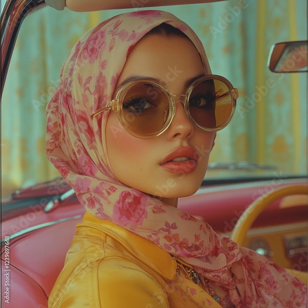Obraz Portrait of a Woman in a 1960s-Inspired Outfit Wearing Large Sunglasses and a Headscarf, Standing Beside a Classic Convertible Car, Radiating Retro Elegance and Style
