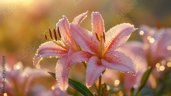 Fototapeta Ethereal Pink Lilies Blooming in Soft Golden Morning Light Romantic Floral Photography Botanical Aesthetic Imagery Macro Nature Photography Ethereal Pink Lilies Blooming