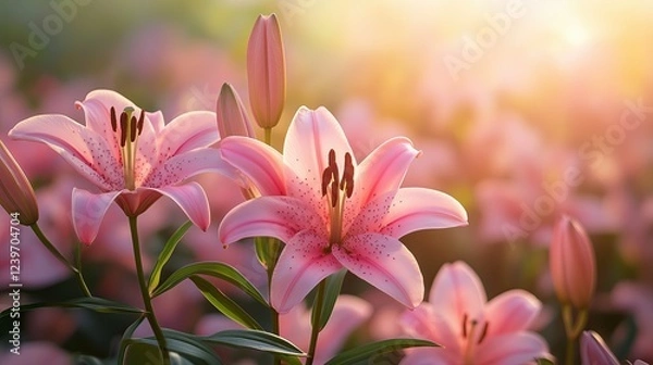 Fototapeta Ethereal Pink Lilies Blooming in Soft Golden Morning Light Romantic Floral Photography Botanical Aesthetic Imagery Macro Nature Photography Ethereal Pink Lilies Blooming