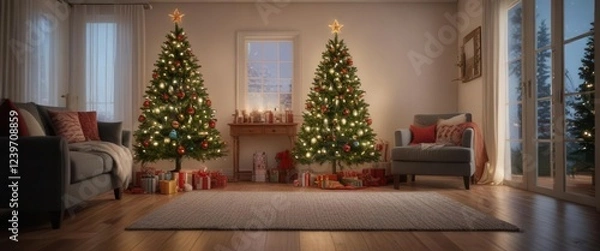 Fototapeta Decorated Christmas tree with ornaments and lights in a cozy living room background,  holiday,  holiday decor,  season