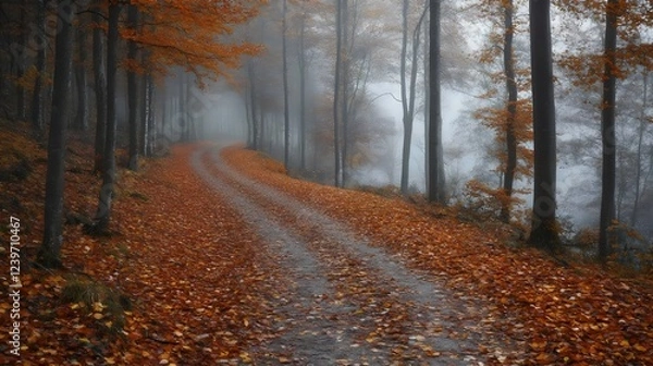 Fototapeta A road with a path of leaves on it
