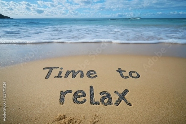 Fototapeta Imagine a serene beach with gentle waves on a warm shore, where Time to relax is inscribed in sand, inviting everyone to embrace tranquil moments and enjoy natures beauty this summer