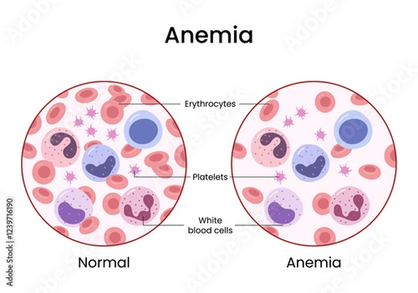 Fototapeta Vector illustration of the difference of number of healthy red blood cells. Anemia and normal.	