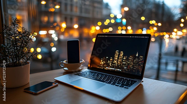 Obraz A laptop computer is open on a table with a cell phone and a cup of coffee. generated using AI