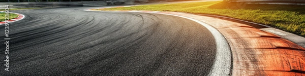 Fototapeta  Motor racing track. A sleek, curving motor racing track with smooth asphalt, sharp turns, and marked lines. Race track curve road.