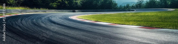 Fototapeta  Motor racing track. A sleek, curving motor racing track with smooth asphalt, sharp turns, and marked lines. Race track curve road.