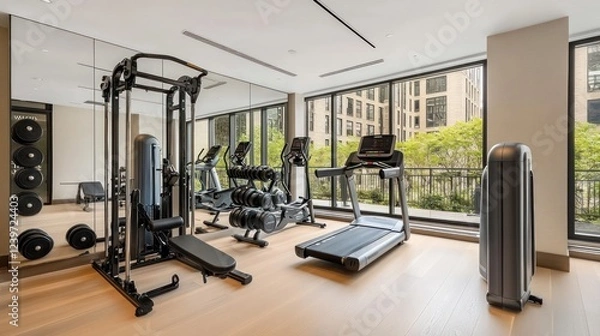 Fototapeta Well equipped modern gym with weights and cardio machines in a stylish setting