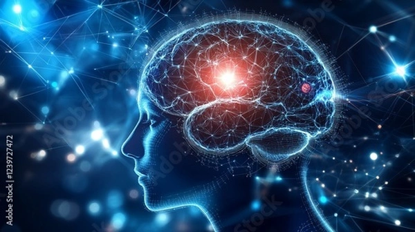 Fototapeta Abstract digital brain network with glowing nodes representing intelligence connection