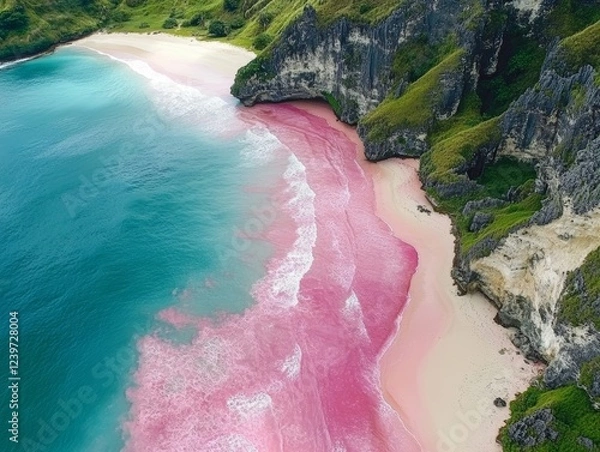 Fototapeta Aerial view of beautiful pink beach at Flores Island  - ai