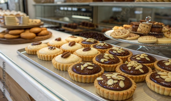 Obraz Assorted tarts and pastries on display in a bakery