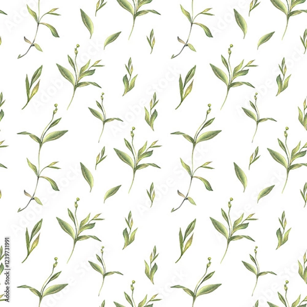 Fototapeta Seamless pattern with watercolor and digital green grass and leaves on white background. Hand-drawn bush with bud. Wallpaper for invite card, wedding celebration and sticker. Art for wrapping