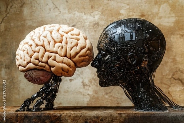 Fototapeta A brain and a robotic head face each other, symbolizing the intersection of human intelligence and artificial intelligence.