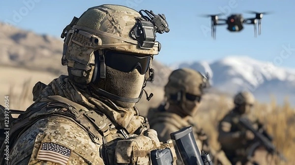 Fototapeta A team of highly trained infantry soldiers carefully navigating the rugged terrain using the natural landscape as cover and concealment to avoid detection from an AI controlled drone overhead