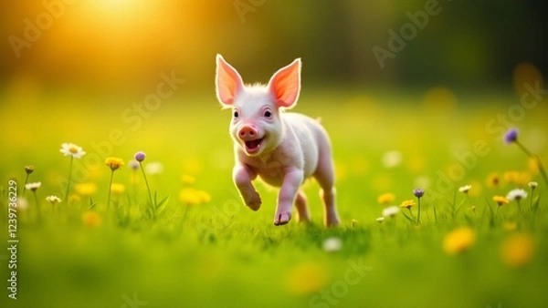 Fototapeta A playful baby piglet dashes through a lush green meadow, bathed in warm sunlight. Vibrant colors, wildflowers, and a joyful atmosphere create a lively countryside scene.