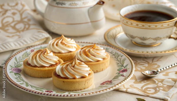 Obraz Lemon meringue tarts with tea on an elegant table setting