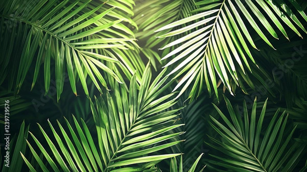 Fototapeta Tropical Green Palm Leaves, Natural Sunlight Background, Vibrant Botanical Backdrop, Eco-Friendly Design, Lush Jungle Foliage, Exotic Greenery