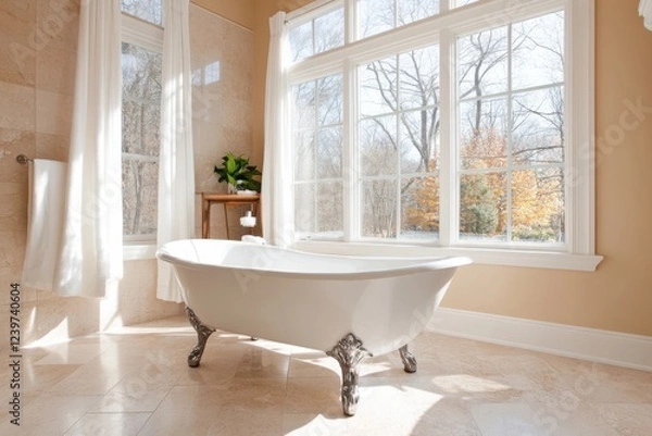 Fototapeta Elegant bathroom with a clawfoot tub and soft natural light from bay windows