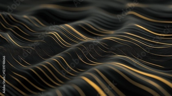 Fototapeta Abstract Dark Background With Golden Wavy Lines 3d Render