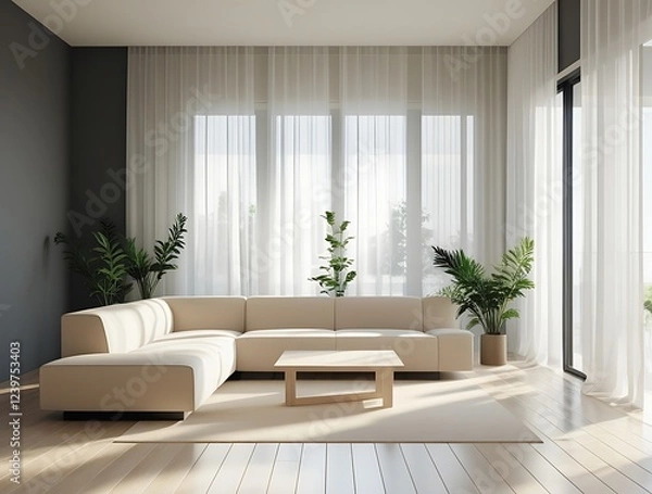 Fototapeta Stylish and serene living room with modern furniture in soft tones, large windows, and plants, offering a tranquil and spacious setting for relaxation and comfort.

