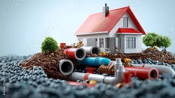 Obraz Detailed Cross Section View of a House Showcasing the Essential Underground Plumbing Pipe Installation