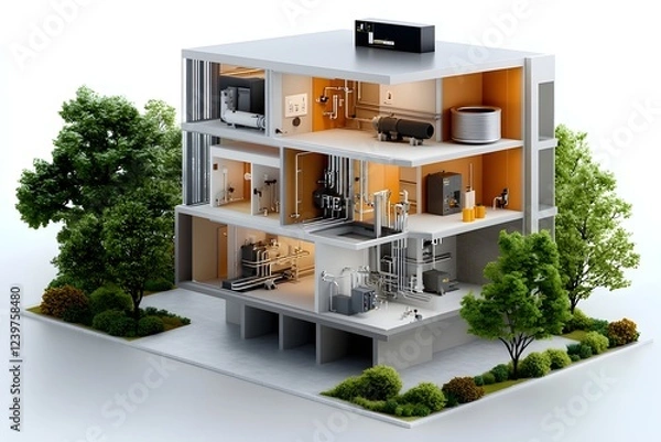 Fototapeta Detailed cutaway of a residential building revealing the concealed plumbing electrical and mechanical infrastructure systems