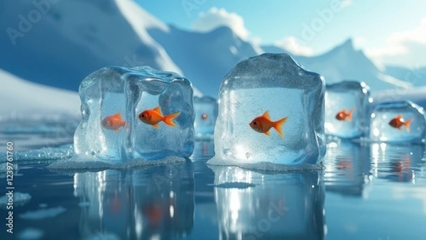 Fototapeta Goldfish frozen inside melting ice cubes on an icy landscape with mountains	