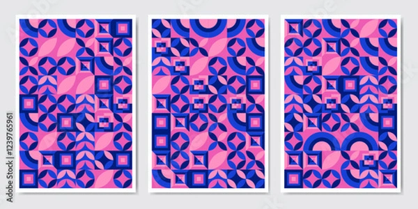 Fototapeta Color neo geo poster. Modern grid flyer with geometric shapes, geometry graphics and abstract background vector set. Geometry grid pattern banner vivid presentation illustration