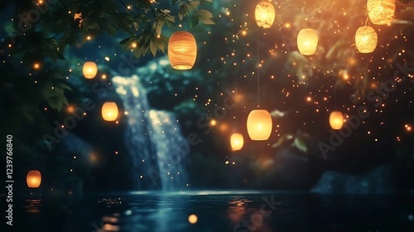 Obraz Illuminated Lanterns Hanging Over a Waterfall and Pool of Water