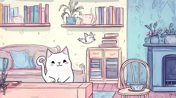 Fototapeta A white cat sitting on a table in a living room with bookshelves and a fireplace
