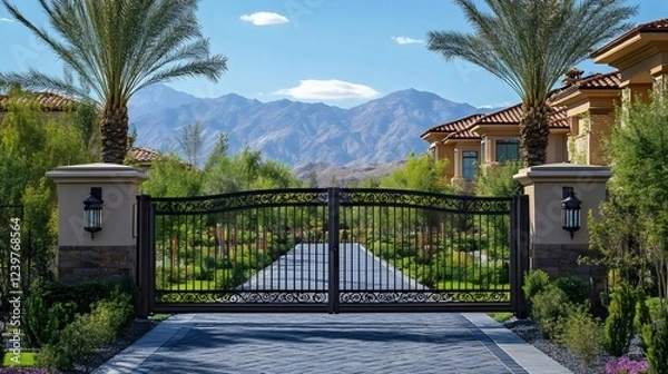 Fototapeta A gate with a beautiful landscape in the background