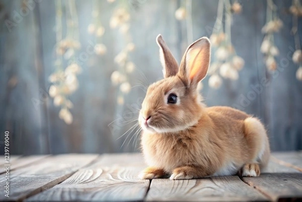Fototapeta A fluffy gray bunny rests serenely on a wooden table, a tranquil scene.