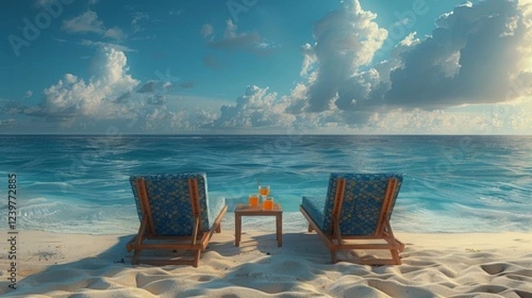 Obraz Tranquil Beach Scene with Two Lounge Chairs and Refreshing Beverages Overlooking Serene Ocean and Cloud-Filled Sky at Sunset