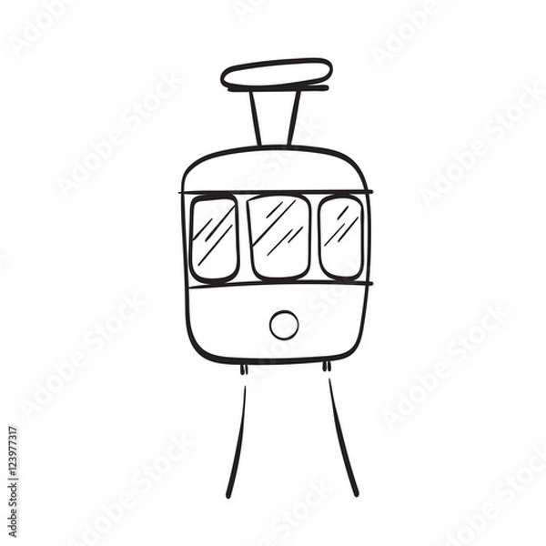 Fototapeta Doodle Illustration of Traditional Public Tram. Hand Drawn Image of Transport Isolated on White Background. Vector Icon