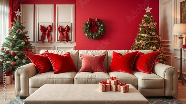 Fototapeta Luxury living room interior with chic Christmas tree, gifts, and pillows in red shades, beige sofa, classic decor, pillows, living room, home