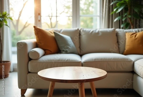Fototapeta Living Room Detail: Side Table Close-up, Light Beige Cozy Sofa, Natural Sunlight Filtering, Interior Scene, Warm Home Setting, Comfortable Atmosphere, Side Table Focus, Relaxing Decor.
