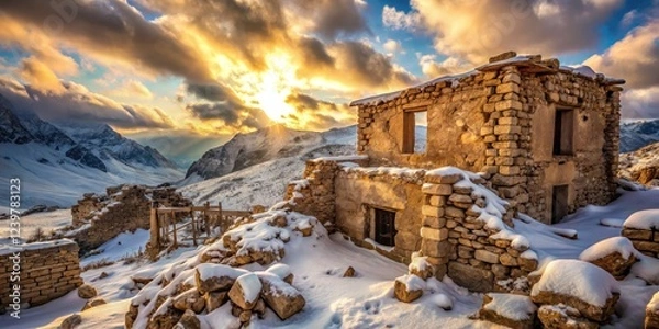 Fototapeta Deep winter blankets a Middle Eastern ruin; shallow depth of field isolates the desolate house.