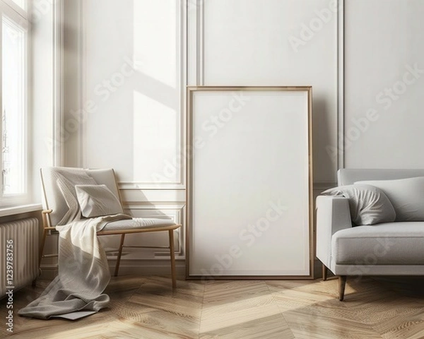 Fototapeta Minimalist living room interior with a large empty frame. gray sofa. armchair. and wooden floor
