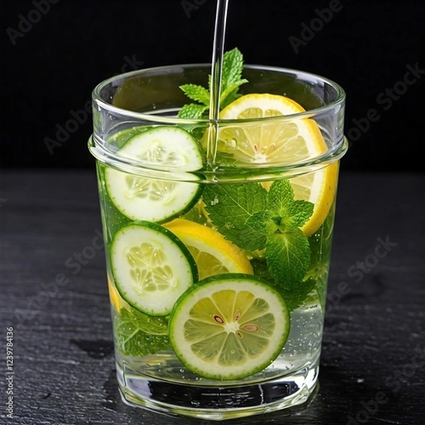 Fototapeta infusing water with fruits and herbs like cucumber, mint, and lemon,  infused water, fruit, vegetable, herb, cucumber, mint, lemon, hydration, healthy, refreshing, detox, wellness, spa water, flavored