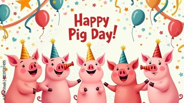 Fototapeta A cheerful greeting card with playful pigs in party hats, blowing horns and surrounded by balloons. The card reads "Happy Pig Day!" in a whimsical font, full of vibrant colors and joy.