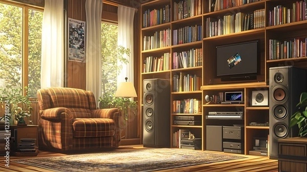 Fototapeta Cozy Living Room with Bookshelf, Armchair, and Home Theater System