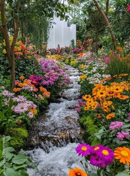 Fototapeta Serene stream flows through vibrant, colorful flower garden.